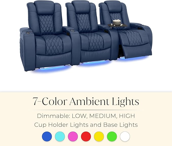 Seatcraft Diamante Zero-Gravity CoolZero Italian Leather Home Theater Seating, Power Headrest, Power Recline, Row of 3, Navy Blue