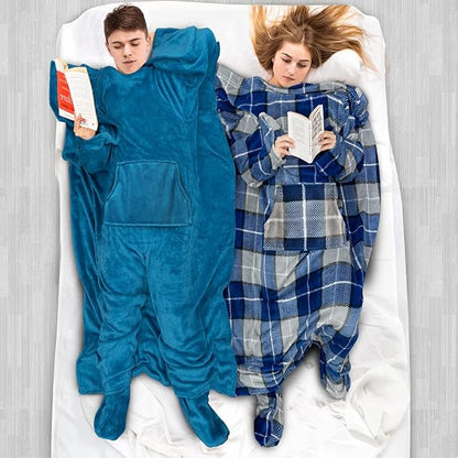 PAVILIA Fleece Blanket with Sleeves, Foot Pockets for Women Men Adults, Plush Wearable Blanket Throw Wrap, Warm Snuggle Blanket Robe, Cozy Gift Ideas Wife Mom Teal Blue