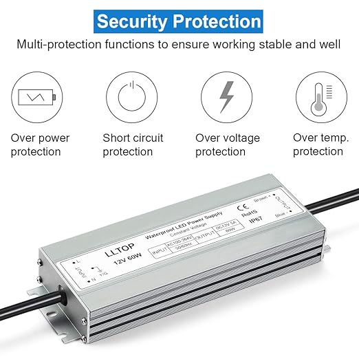 LLTOP LED Driver 60 Watts Waterproof IP67 Power Supply AC100-264V to 12V DC 5A Low Voltage Transformer Ultra Thin Adapter for Outdoor LED Lights, Computer Project