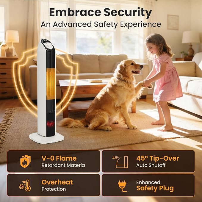 Zynkez 33" Space Heaters for Indoor Use Large Room, 1500W PTC Tower Fireplace Heater with 3D Flame, Room Heater w/Remote Control,12H Timer & Oscillation, Portable Electric Heaters for Bedroom, Beige