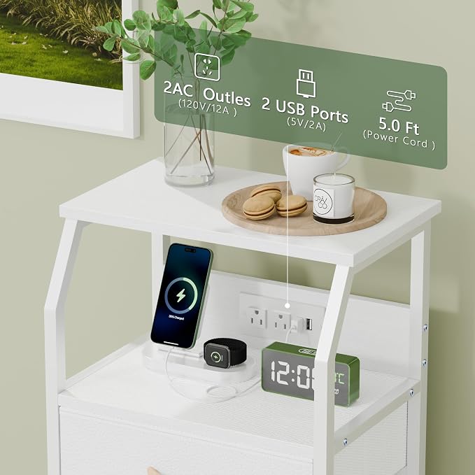 White Nightstand with Charging Station, 3 Drawers Bedside Table | 28.3 Inch - Image 8