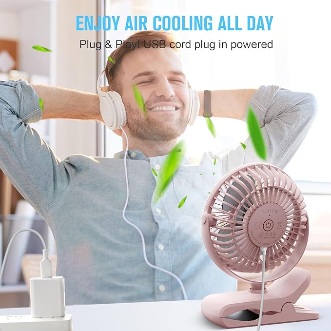 BESKAR Small Clip on Fan, 3 Speeds USB Fans with Strong Airflow, Clip & Desk Fans USB Plug in with Sturdy Clamp - Ultra Quiet operation Fan for Office Dorm Bedroom Stroller