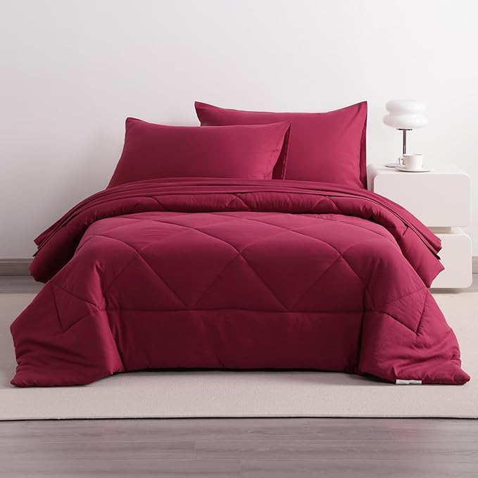 5-Piece Twin Comforter Set with Sheets – Soft and Breathable All-Season Twin Bed in a Bag, Down Alternative Comforter Set for Kids or Teens, Red