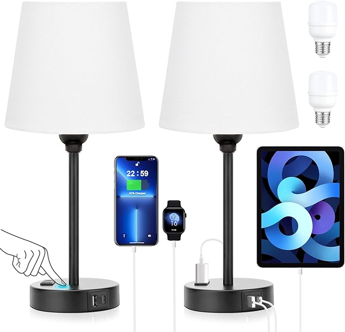 White Bedside Lamps Set 2 for Bedroom by Acaxin