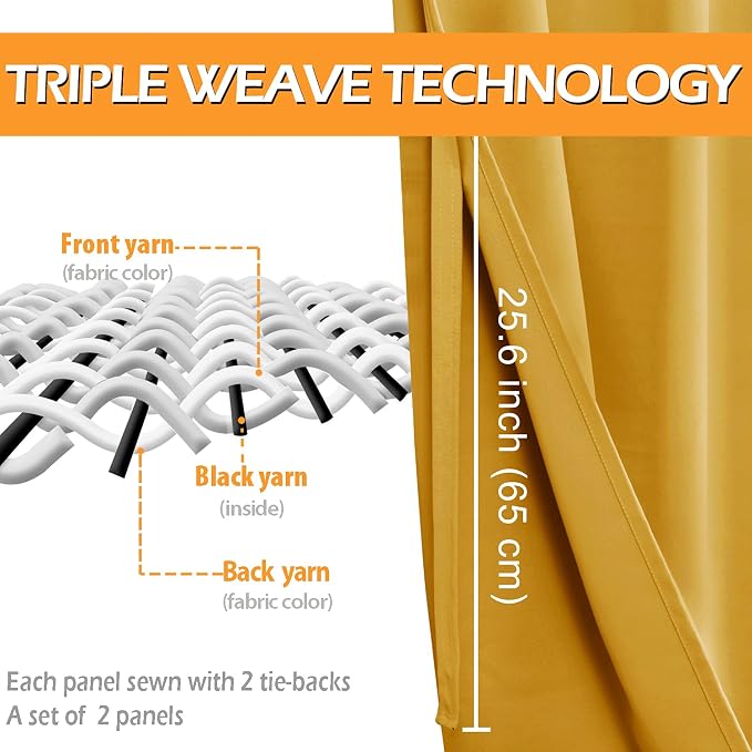 Blackout Curtains for Bedroom, Mustard Yellow 42 x 54 Inch 2 Panels | Thermal - Image 3