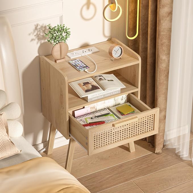 Lerliuo Rattan Nightstand with Charging Station, Boho Night Stand | Handmade - Image 4