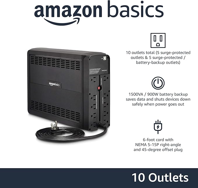 Amazon Basics UPS Battery Backup & Surge Protector 1500VA/900W, 10 Outlets, Line Interactive Uninterruptible Supply, for Power Outage Protection, Black