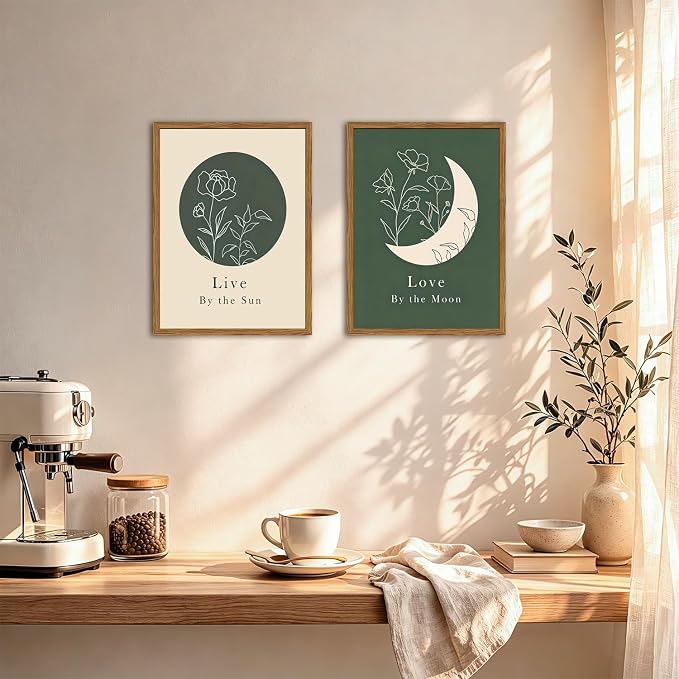 Framed Boho Sun and Moon Wall Art Set of 2, Sage Green Floral Line Pictures - Image 9