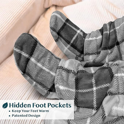 PAVILIA Fleece Blanket with Sleeves, Foot Pockets for Women Men Adults, Plush Wearable Blanket Throw Wrap, Warm Snuggle Blanket Robe, Cozy Gift Ideas Wife Mom, Plaid Dark Gray