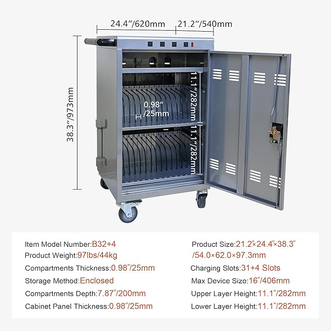 Aokleo Laptop Charging Cart,35 Devices Tablet Storage Carts for pad Up to 16.3" Screen Size, Classroom Computer Mobile Charging Station for pads, Chromebooks,Laptops, Security Storage(31+4 Bay-Silver)
