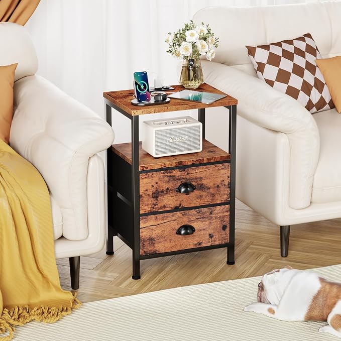 Night Stand Set 2 with Charging Station, LED Light, 2 Drawers, Rustic Brown | - Image 8