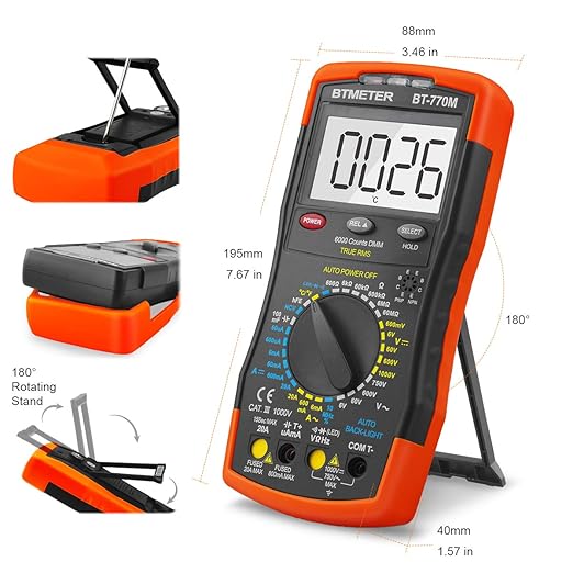 Digital Multimeter TRMS 6000 Count, BTMETER BT-770M Auto/Manual Ranging DMM Electrical Meter Tester for AC/DC Amp, AC/DC Volt, Ohm Capacitance Frequency Continuity Temperature NCV, Auto Backlight