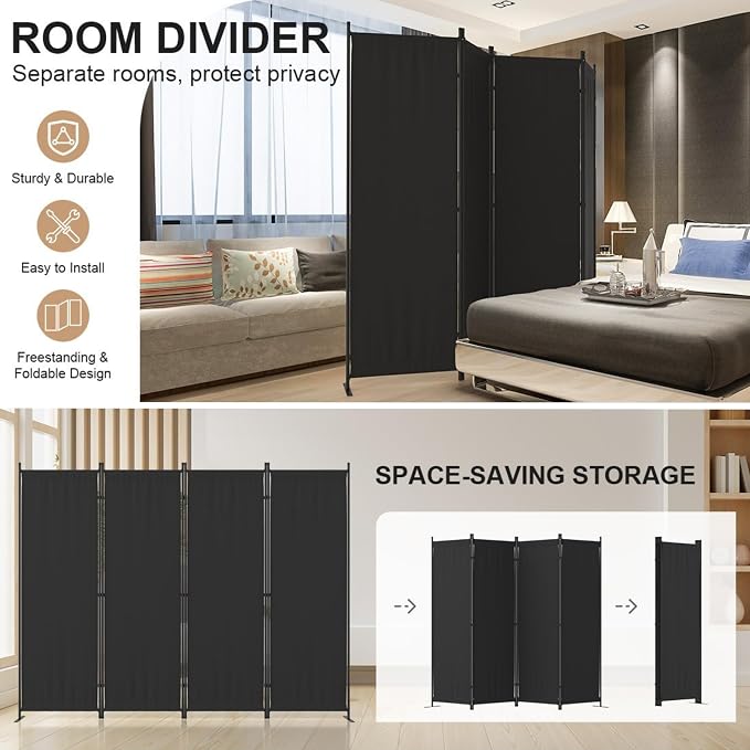 Room Divider 4 Panel Partition Room Dividers & Folding Privacy Screens w/ 3 - Image 6