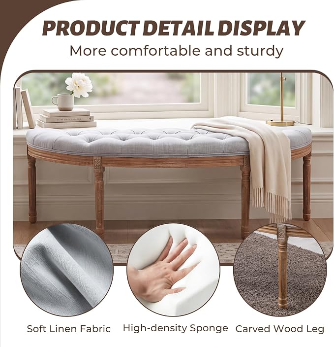 chairus 55" Button Tufted Semi-Circle Dining Bench Linen Halfmoon Entryway - Image 5