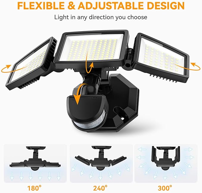 PURICH Upgraded LED Security Lights Motion Sensor Light Outdoor, 7000LM, 6500K, Waterproof, Flood Light Outdoor Motion Detector with Adjustable 3 Head, Hardwired Wall Light for Entryway, Yard, Garage