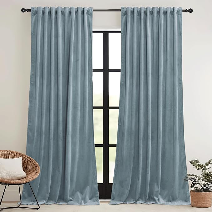 RYB HOME Stone Blue Velvet Curtains 72 inches Length - Image 2