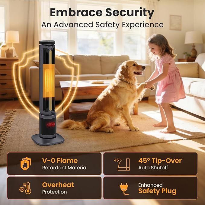 Zynkez 34.5" Space Heaters for Indoor Use Large Room, 1500W PTC Tower Fireplace Heater with 3D Flame, Room Heater w/Remote Control,12H Timer & Oscillation, Portable Electric Heaters for Bedroom, Grey