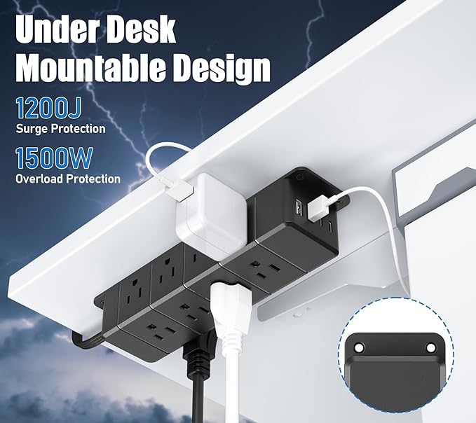 45W USB-C Fast Charging Under Desk Power Strip,12 Outlet Mountable Power Strip with 4 USB,1200J Surge Protection,6FT Flat Extension Cord Black