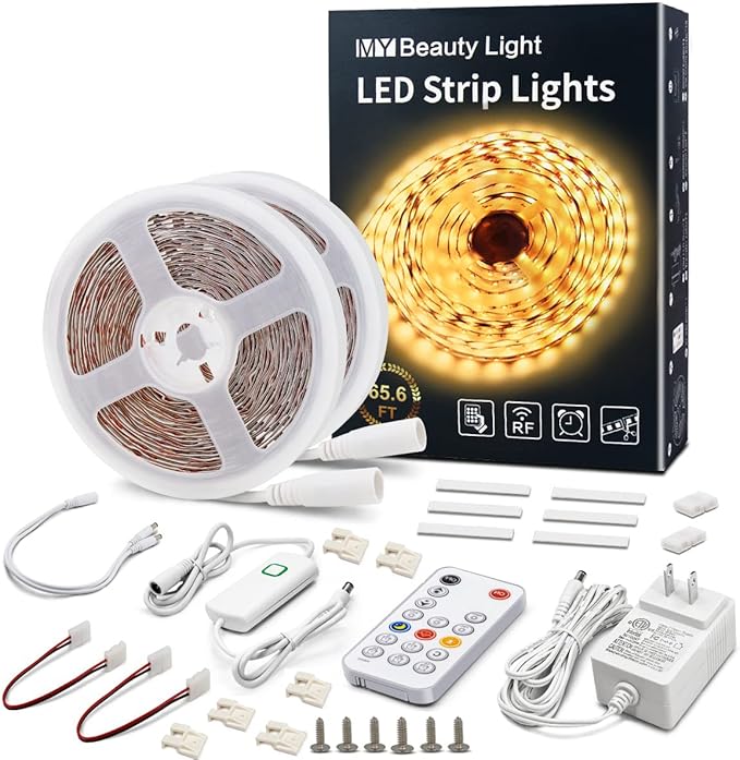 MY BEAUTY LIGHT LED Strip Lights Warm White,65.6ft Dimmable LED Light Strip with RF Remote,1200 Bright 3000K 2835 LEDs,Plug-in Adhesive Rope Lights with Timing Mode for Living Room Bedroom Kitchen