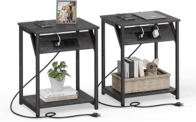 VASAGLE End Table with Charging Station, Small Side Tables by Unknown