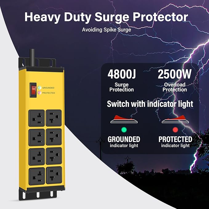 CCCEI 2PCS Heavy Duty Power Strip Surge Protector 20 AMP, 8 Outlets 12 Gauge Shop Garage Metal Multiple Outlets, 10 FT Extension Cord 5-15P Adapter High Amp 6-20R T-Slot 20a for Appliance Yellow.