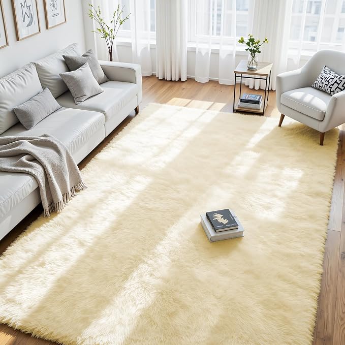 4x6 Fluffy Area Rug for Living Room: Non-Slip Cream White Bedroom Carpet | by Oriannal