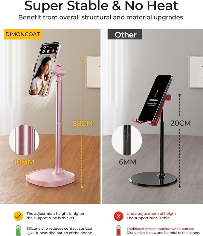 DIMONCOAT Cell Phone Stand for Desk, Stocking Stuffers Gifts for Teens Girls Boys Adults，Phone Holder Angle Height Adjustable, Aluminum Alloy Universal iPhone Stand for iPhone 17 16 15 Pro Max -Pink