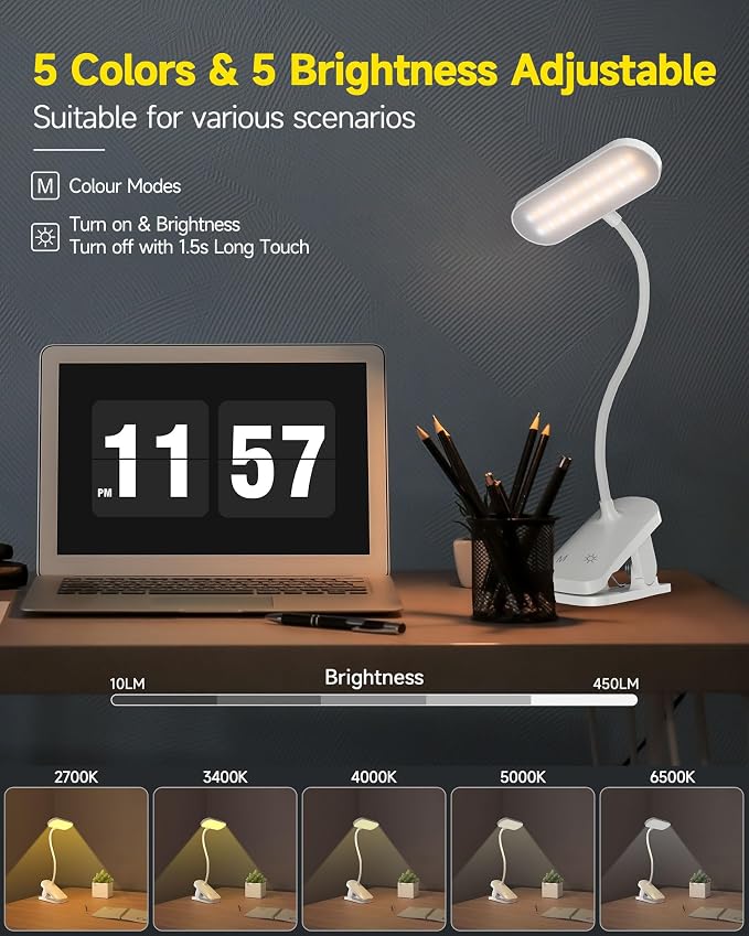 CUHIOY Rechargeable Clip on Light, Bed Headboard Reading Lamp, 5 Colors 5 - Image 6