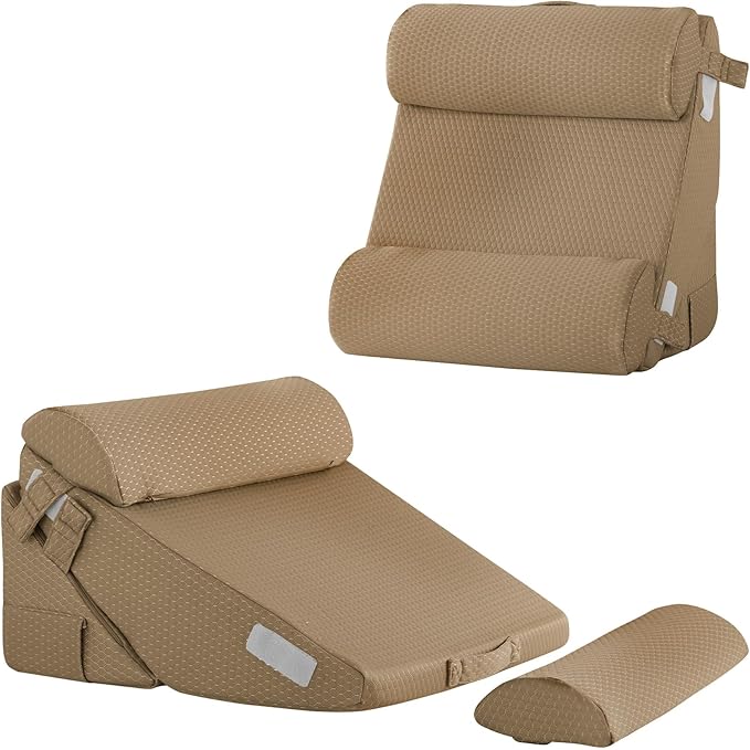 Bedluxe Adjustable 4pcs Bed Wedge Pillow Set, Memory Foam Wedges Pillow Post Surgery for Back, Neck, Leg Pain Relief, Pillows Wedge for Sleeping, Sitting up in Bed, Acid Reflux and GERD, Brown