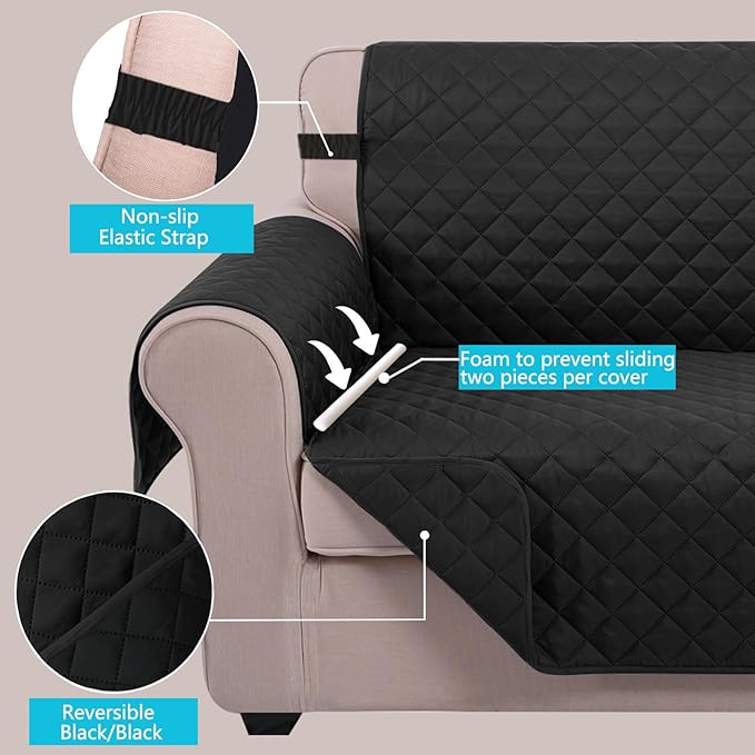U-NICE HOME Loveseat Sofa Cover Reversible Couch Covers for 2 Cushion Couch for Dogs Furniture Protector Cover with Elastic Straps Water Resistant(Loveseat Small, Black/Black)