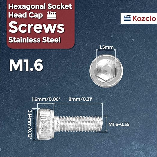 Kozelo 100pcs Socket Head Cap Screws - [M1.6-0.35 x 10mm] 304 Stainless Steel Allen Socket Drive for Electrical Motor 3D Printing Fan Engine Replacement Use, Silver