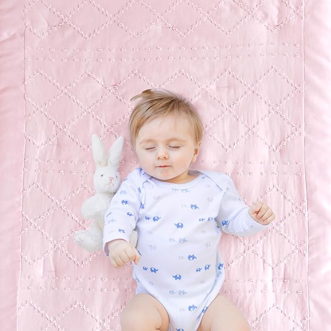 Wowelife Boho Mini Crib Bedding Set for Girls, 3 Piece Tufted Jacquard Ruffle Fringe Baby Girl Crib Bedding Set Newborn, Infant & Nursery with Comforter, Crib Fitted Sheet and Crib Skirt, Pink