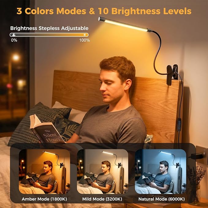 Clip on Reading Light for Books in Bed: Adjustable Dimmable Gooseneck Eye - Image 7