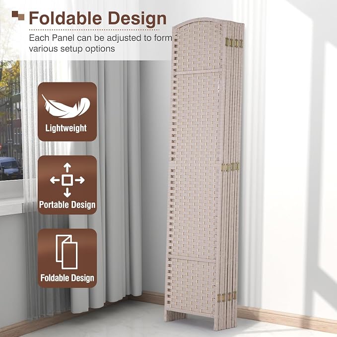 Room Divider 8 Panel 5.6 FT Tall Privacy Screen Waterproof Wood Frame Partition - Image 4