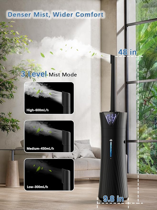 MONISEN 17L/4.5Gal Humidifier Large Room, Smart Quiet Ultrasonic Cool Mist Humidifiers for Bedroom, Covers 2000ft², 56H Runtime, 24H Timer, 3 Mist Modes Humidifiers for Home, Office, Plants, Black