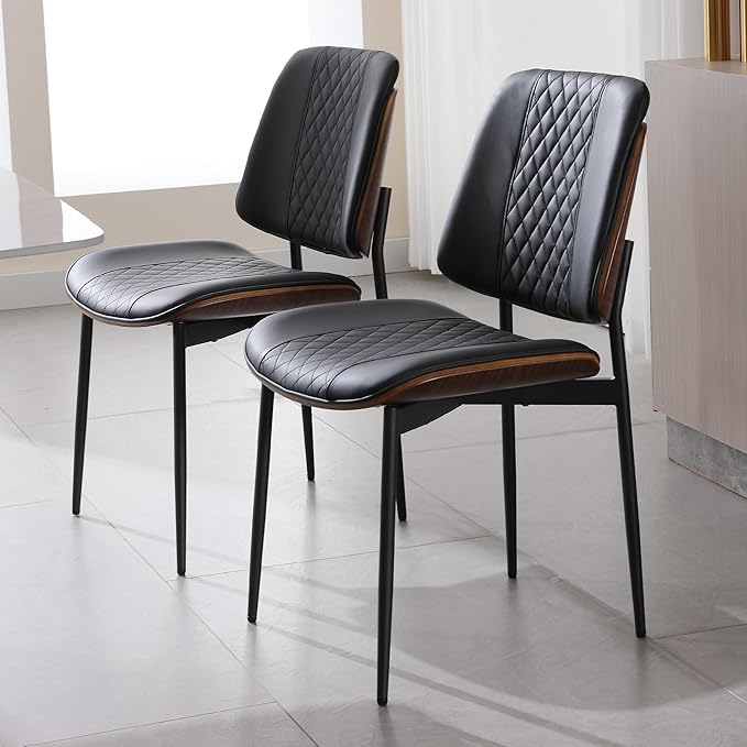BV Dining Chairs Set of 2, PU Leather Armless Kitchen Chair in Modern Walnut Style, Mid Century Bentwood Side Chair with Metal Legs, Retro Accent Guest Chair for Kitchen Dining Room(Black)
