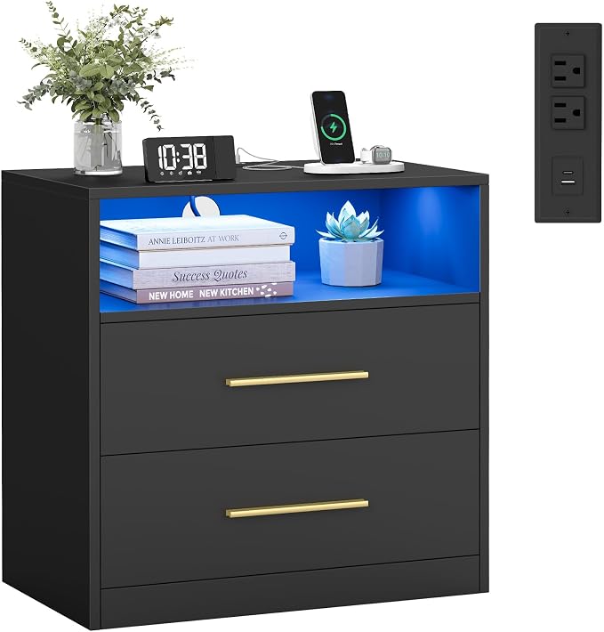 VASAGLE 23.6 Nightstands, LED Lights, Charging Station, 2 Drawers | LED Lights by Unknown