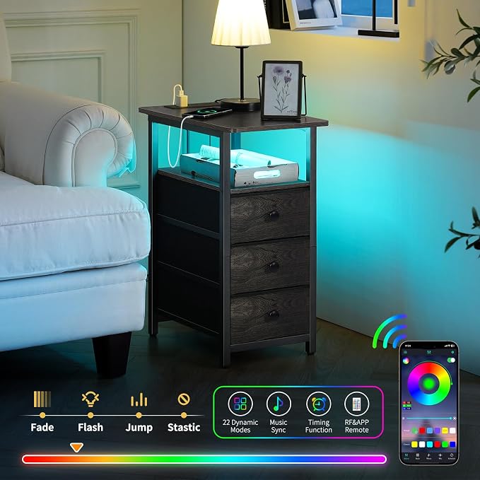 Yoobure End Table with Charging Station, LED Narrow Side Table Bedside Table - Image 4