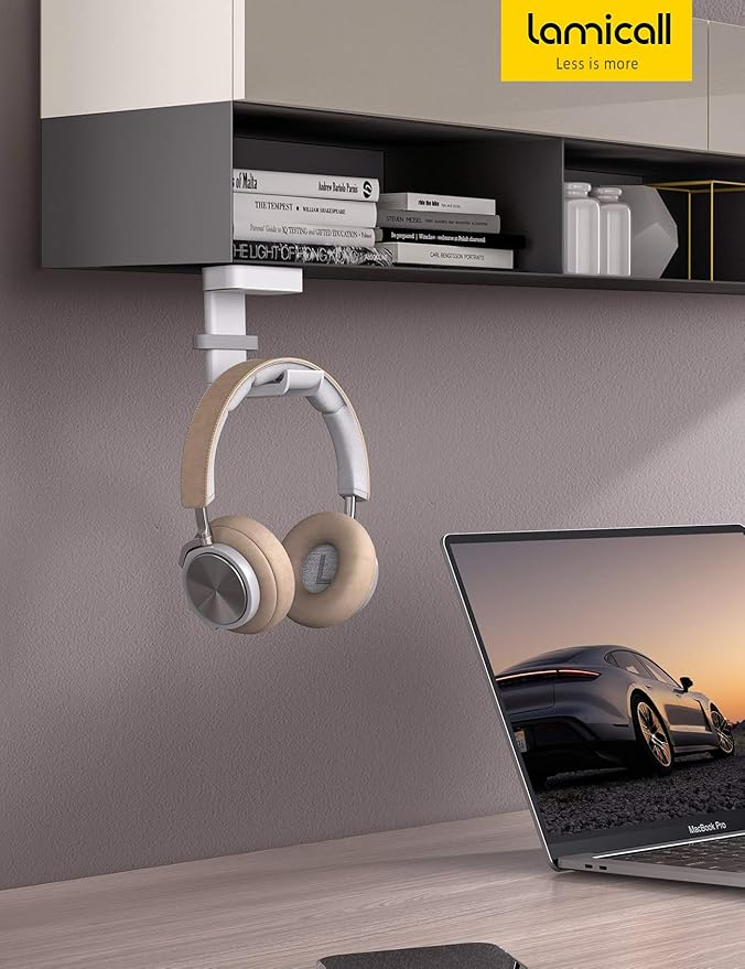 Lamicall Headphone Stand, Sticky Headset Hanger - 360 Degree Rotation Earphone Adhesive Hook Holder Mount, Table Headphone Stand with Cable Organizer, Headset Clamp for HyperX, Sennheiser -White