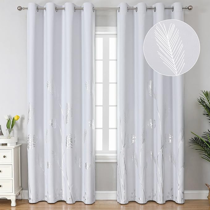 Greyish White 108 Inches Long Silver Palm Window Curtain Panels Room Darkening by ESTELARTEXTILER