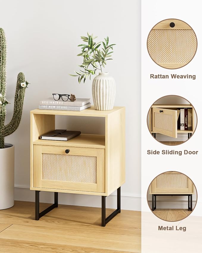 Masupu Rattan Nightstand, Modern Boho Farmhouse Wood Bedside Table - Image 5