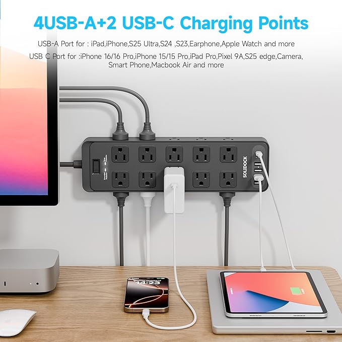 Solidock Power Strip Surge Protector Flat Plug with 20 AC Outlets 6 USB Chagring Ports, 1875W/15A, 2700J, 10 Ft Heavy Duty Extension Cord for Home, Office, Dorm, Gaming,ETL Listed (Black, 10 Feet)