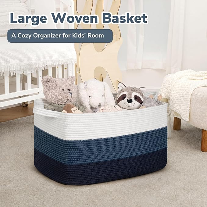 Goodpick Large Woven Rope Blanket Basket, Light Blue | 21.6'' x 14.9'' x 11.8'' - Image 2