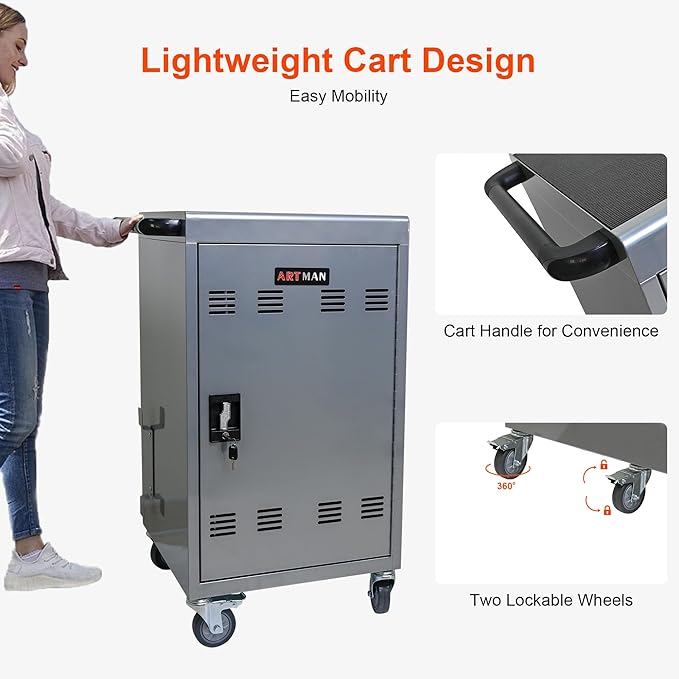 Aokleo Laptop Charging Cart,32 Devices Tablet Storage Carts for Pad Up to 16.3" Screen Size, Classroom Computer Mobile Charging Station for Pads,Chromebooks,Laptops,Security Storage (30+2 Bay-Silver)