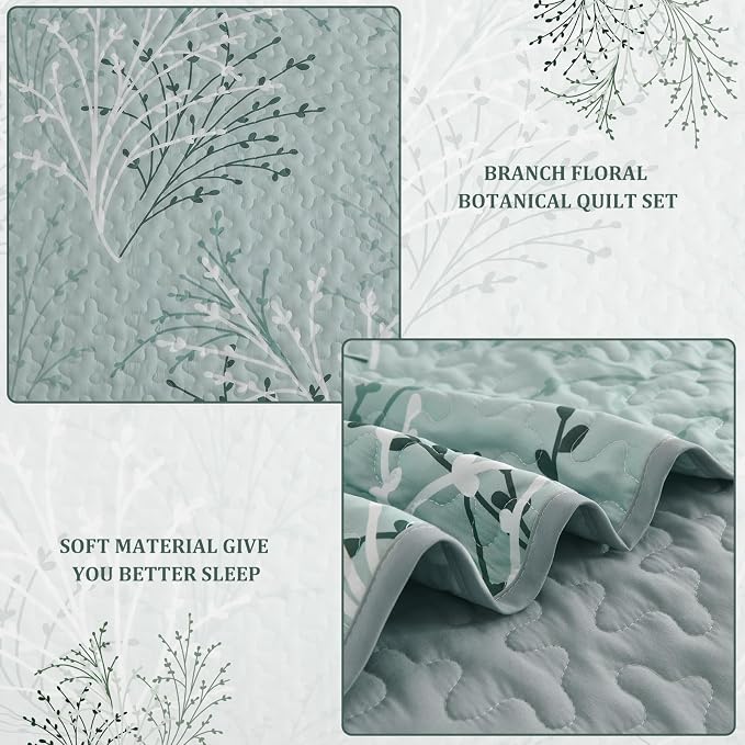DJY Aqua Quilt Set Queen Size Branch Botanical Bedspread Coverlet Set | 3 - Image 4