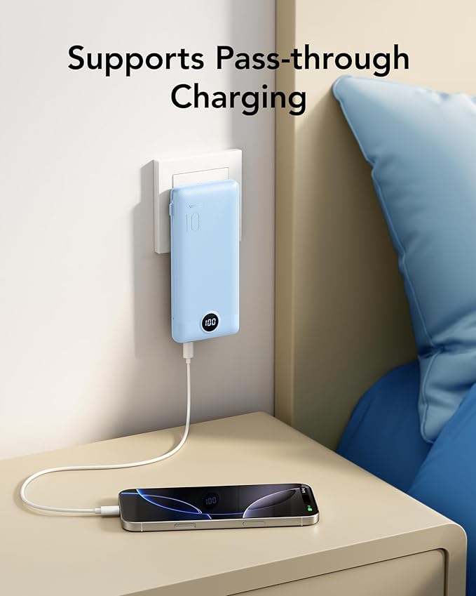 VRURC Portable Charger with Wall Plug and Cables, 10000mAh Power Bank with 22.5W Fast Charging USB Port,4 Outputs Dual Inputs Slim Compact Rechargeable Battery Pack Travel Accessories-Blue(1 Pack)