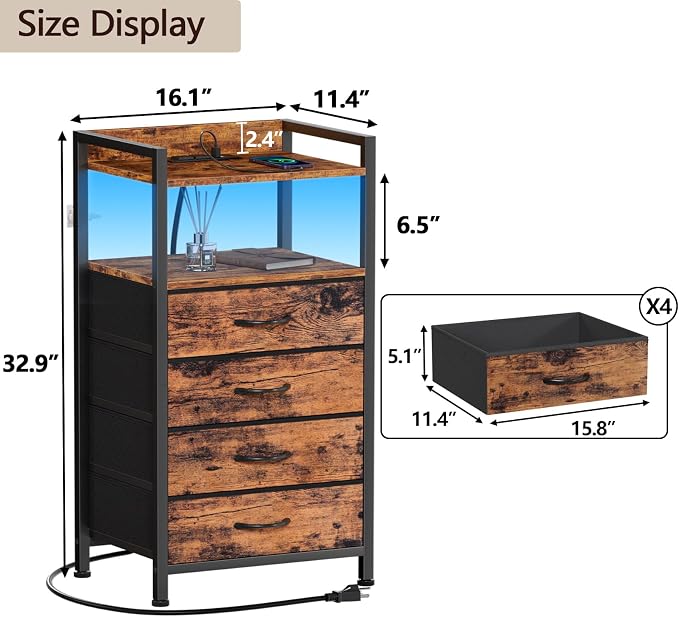 Night Stand with Charging Station, 4 Drawer Tall Bedside Table | small dresser - Image 3