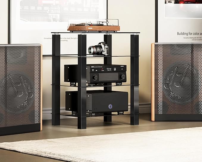 FITUEYES 4-Tier Media Stand Audio/Video Component Cabinet with Glass Shelf for/Apple Tv/Xbox One/ps4 AS406002GB