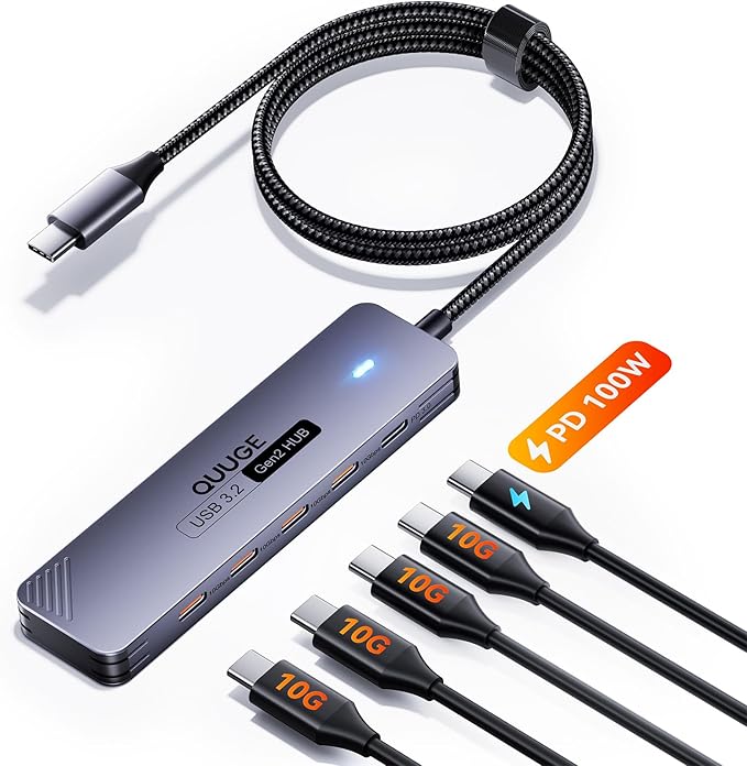 USB C Hub 10Gbps, QUUGE 5-in-1 USB Splitter with 4 USB-C 3.2 and PD 100W Charging, Fast Transfer Aluminum Multiport Type-C Adapter with 100cm Nylon Cable for MacBook Air/Pro, iPad, Surface Pro, XPS