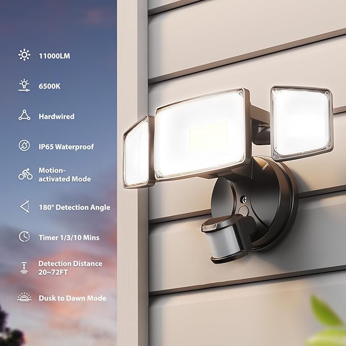 Onforu 2 Pack 100W 11000LM LED Motion Sensor Outdoor Lights, Dusk to Dawn Flood Lights Outdoor Motion Sensor, Hardwired Security Light Floodlights Outside 6500K Daylight IP65 Waterproof (Black)